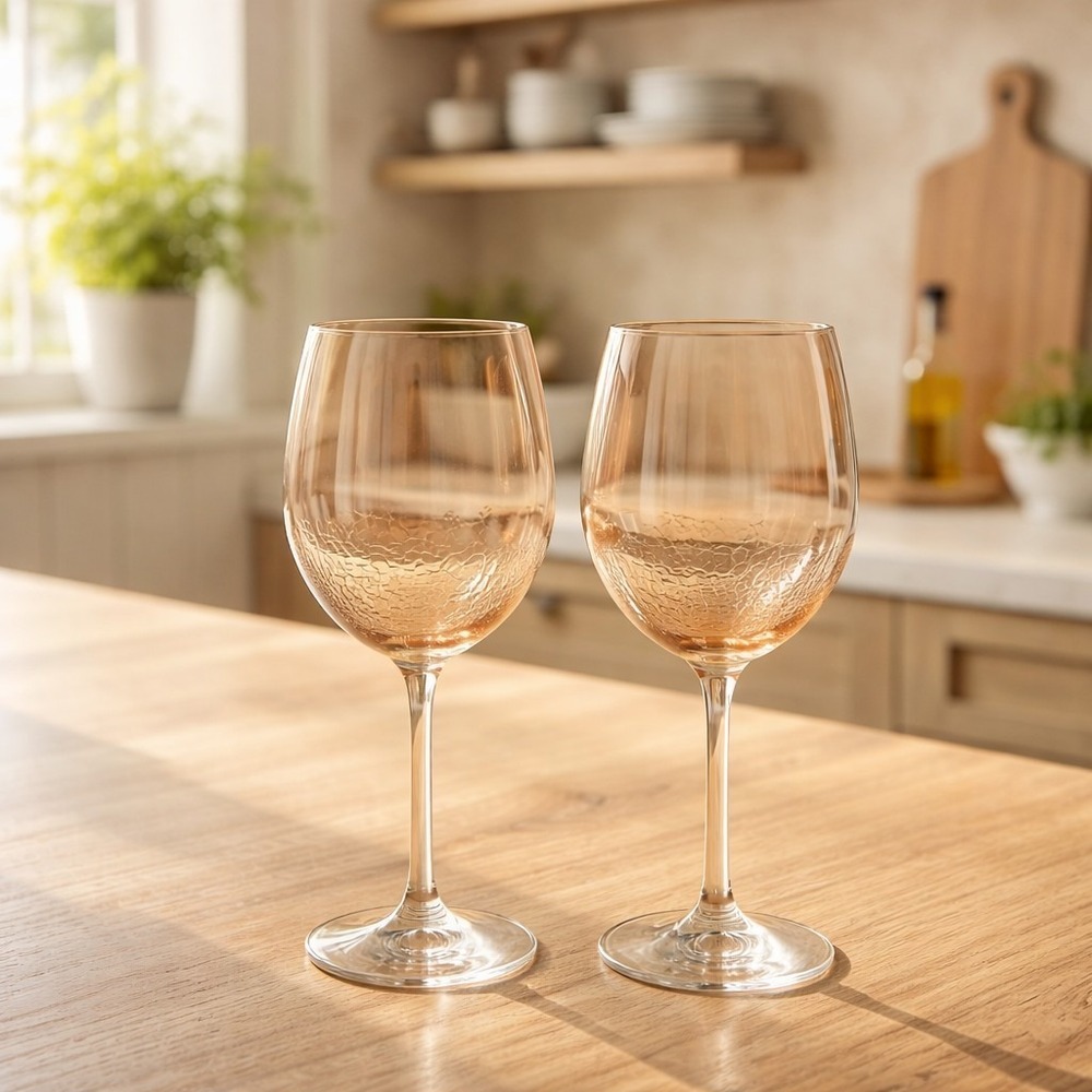 Pier 1 Imports Amber Crackle Golden Luster 8 7/8" Wine Glasses Hand Blown Set/2